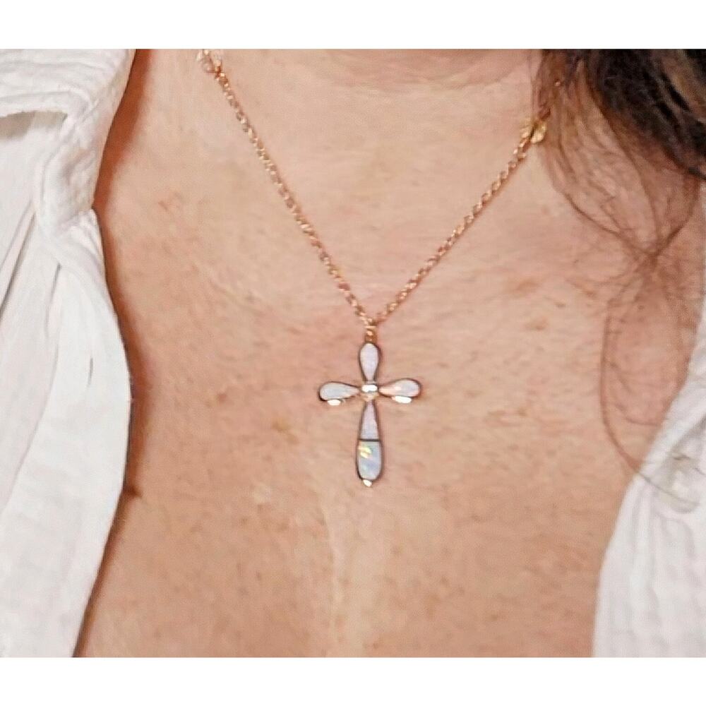 Rose Gold Sterling Silver Imitation Opal Cross Necklace Pendant Adjustable Chain